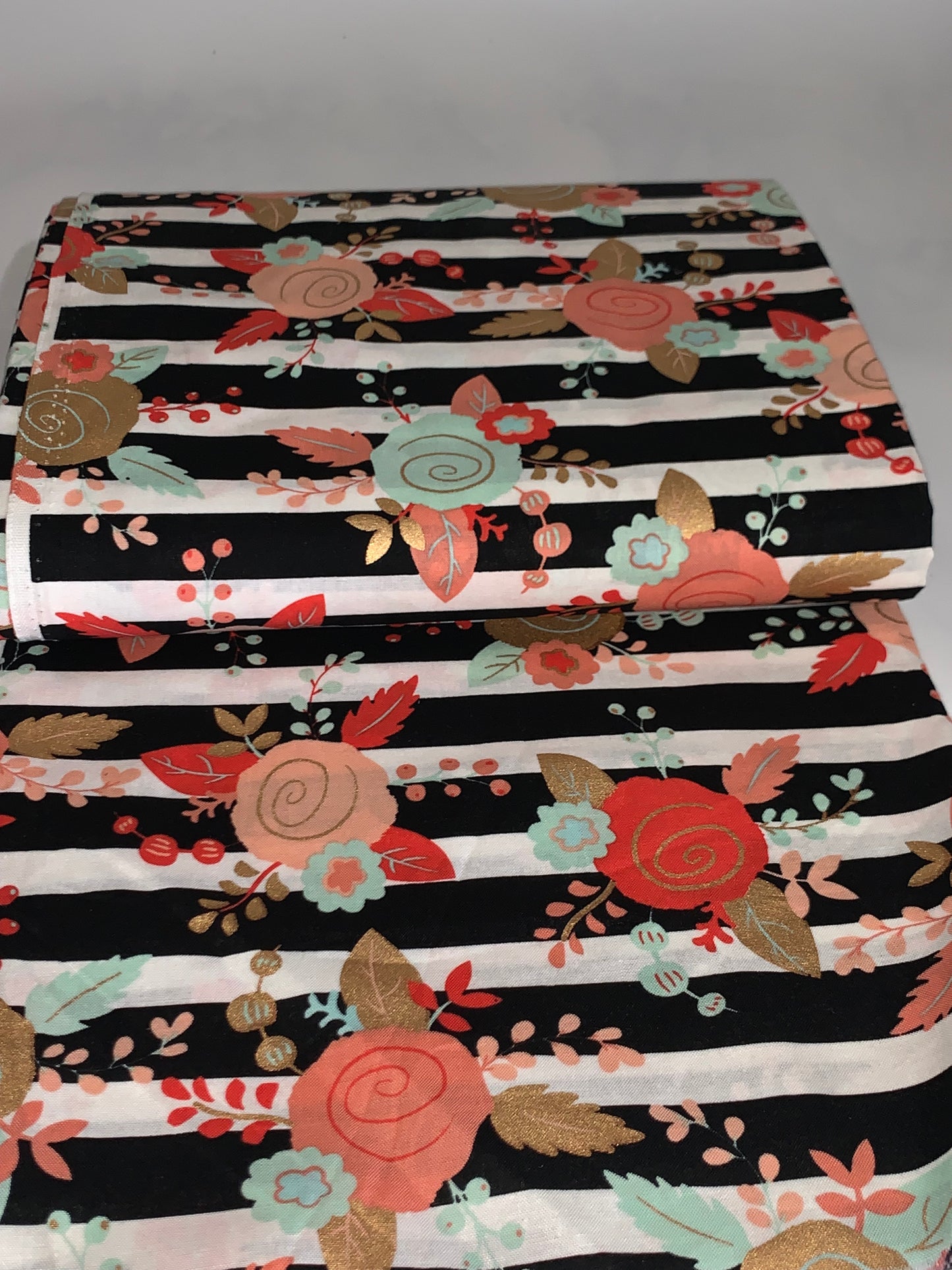 Metallic Floral & Stripes Cotton Woven